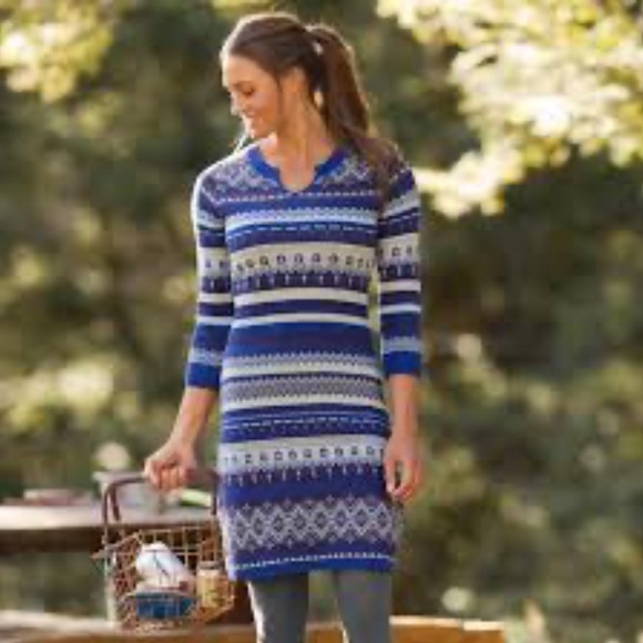 Athleta Fara Fair Isle Sweater Dress Split V-Neck Blue Women Size Medium - Picture 1 of 15